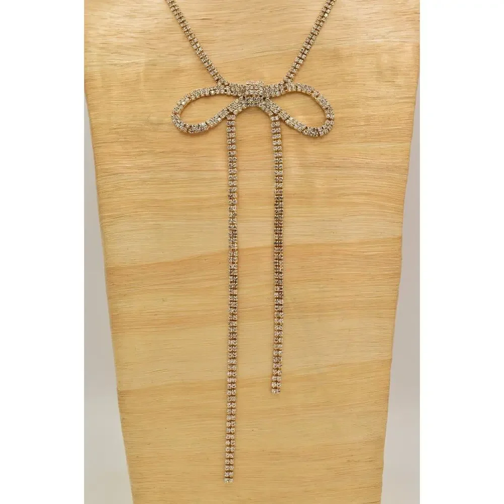 Vintage Statement Bow Tie Collar Necklace Chain Rhinestone Gold Tone Y2K BinBJ